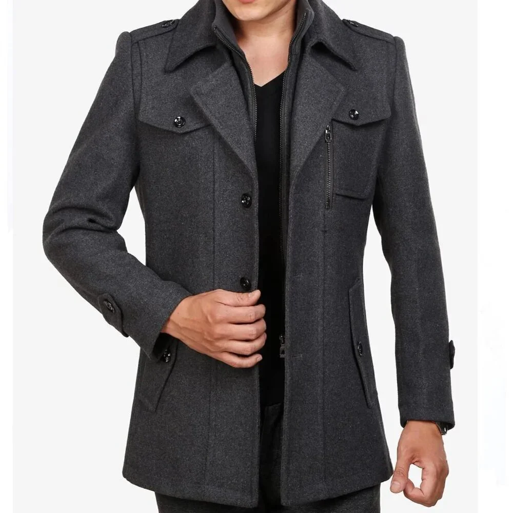 Men's Grey 2 Wool Blend Coat Warm Winter Trench Coat With Detachable Soft Scarf